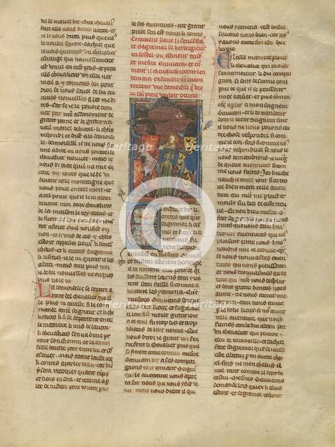 Tristan Freeing a Demoiselle from Brehus sans Pitié, about 1320-1340. Creator: Jeanne de Montbaston.