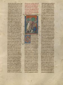 Tristan in Torn Clothing Meeting Shepherds in the Woods of Morois, about 1320-1340. Creator: Unknown