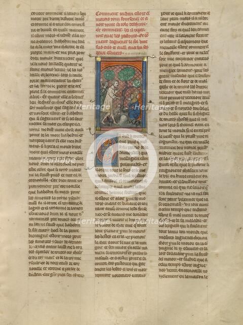 Tristan in Torn Clothing Meeting Shepherds in the Woods of Morois, about 1320-1340. Creator: Unknown.