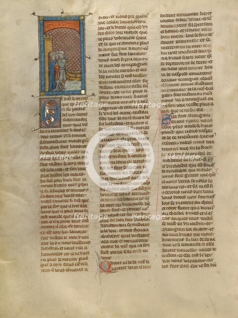 Tristan, Kahedin, and Brangain Arriving at Castle Tintaguel, about 1320-1340. Creator: Unknown.