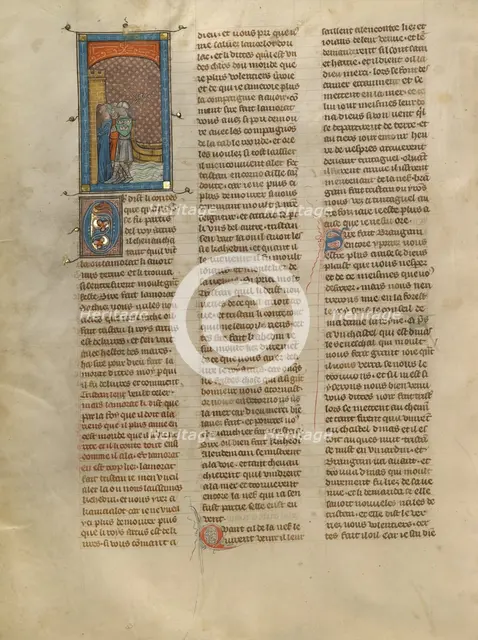 Tristan, Kahedin, and Brangain Arriving at Castle Tintaguel, about 1320-1340. Creator: Unknown.