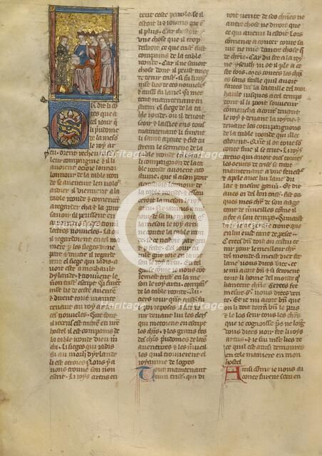 Tristan Speaking to King Arthur, Queen Genevieve, and Knights, about 1320-1340. Creator: Jeanne de Montbaston.