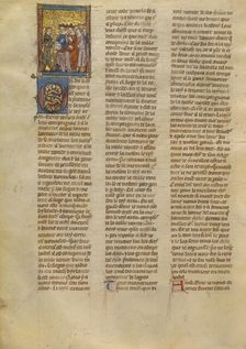 Tristan Speaking to King Arthur, Queen Genevieve, and Knights, about 1320-1340. Creator: Jeanne de Montbaston