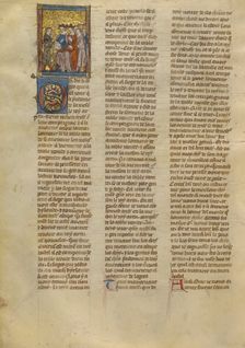 Tristan Speaking to King Arthur, Queen Genevieve, and Knights, about 1320-1340. Creator: Jeanne de Montbaston