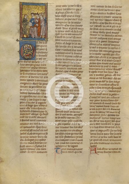 Tristan Speaking to King Arthur, Queen Genevieve, and Knights, about 1320-1340. Creator: Jeanne de Montbaston.