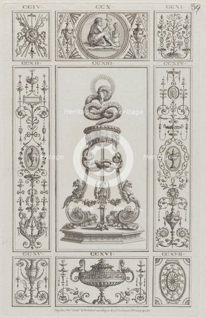 Tripod and Panels of Ornament, nos. CCIV-CCXVII ("Designs for Various Ornamen..., February 29, 1782. Creator: Michelangelo Pergolesi.