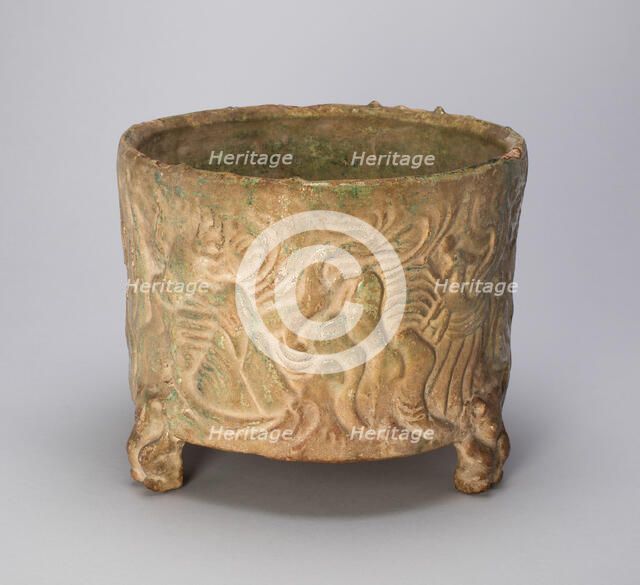 Tripod Cylindrical Jar (Lian or Zun) with Creatures Amid Hills..., Eastern Han dynasty (A.D. 25-220) Creator: Unknown.