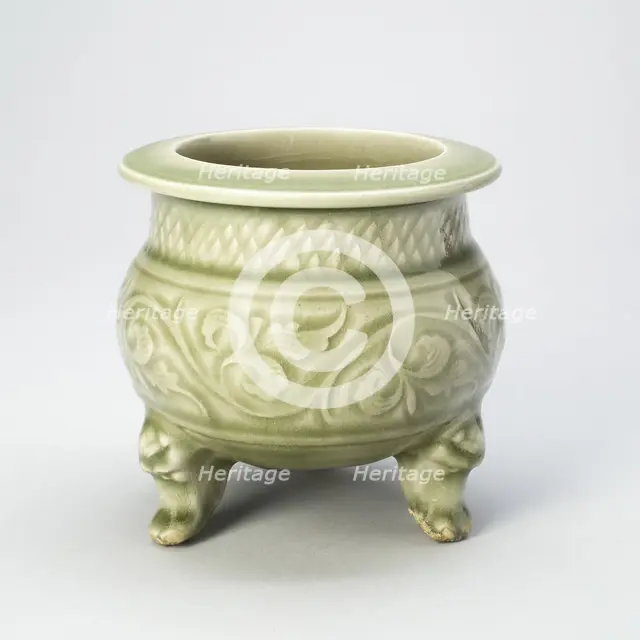 Tripod Incense Burner (Censer) with Peony-Leaf Scrolls, Netlike Petals..., c. 12th century. Creator: Unknown.