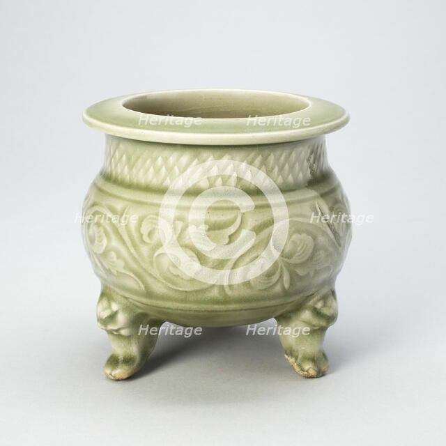 Tripod Incense Burner (Censer) with Peony-Leaf Scrolls, Netlike Petals..., c. 12th century. Creator: Unknown.