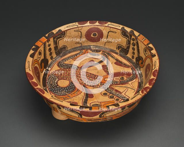 Tripod Polychrome Bowl Depicting a Serpent with Feathers, A.D. 500/750. Creator: Unknown.