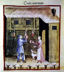 Tripe and offal shop, selling animal hearts. Miniature in the Tacuinum sanitatis illuminated m…