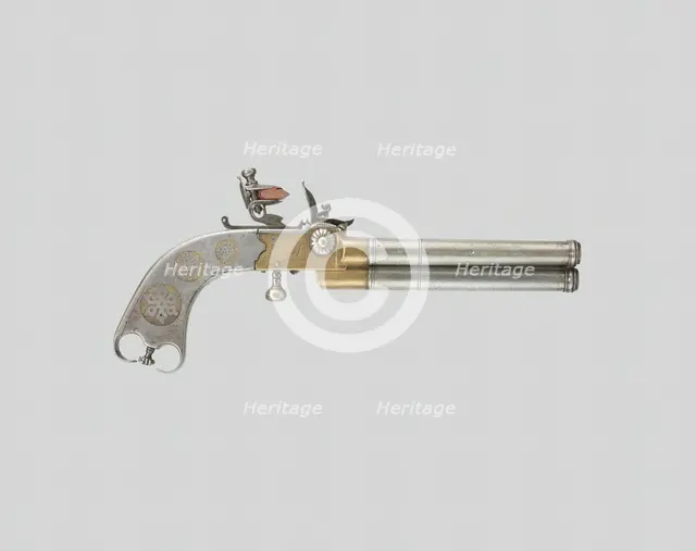 Triple-Barrel Breechloading Flintlock Pistol, England, c. 1820. Creator: Unknown.