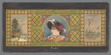 Triptych of painted glass with a landscape on either side of a portrait of a woman with hat, c.1850- Creator: Anon