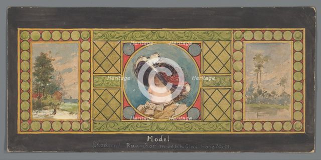 Triptych of painted glass with a landscape on either side of a portrait of a woman with hat, c.1850- Creator: Anon.