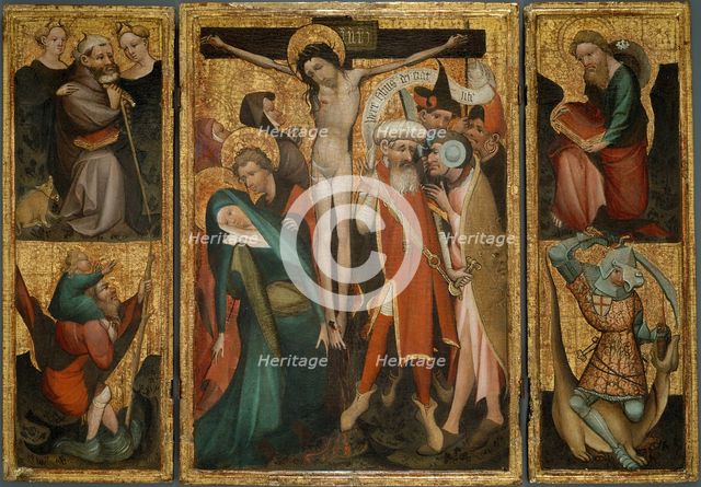 Triptych of the Crucifixion with Saints Anthony, Christopher, James and George, About 1400. Creator: Unknown.