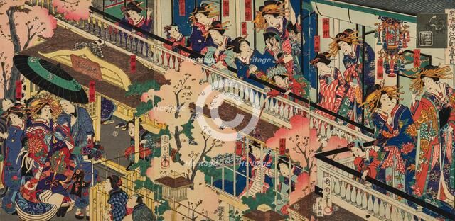 Triptych "Scene in Yoshiwara", 1870. Creator: Kunichika, Toyohara (1835-1900).