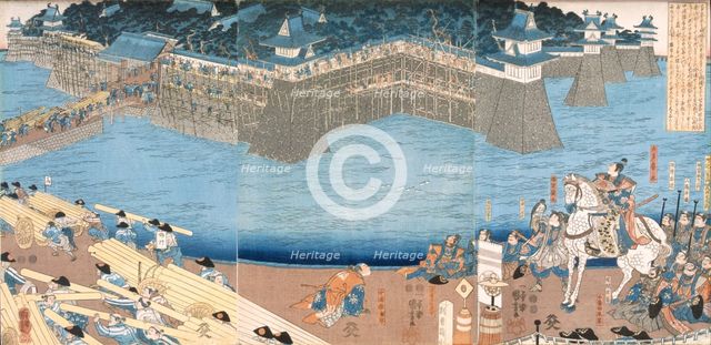 Triptych showing a fort being built by River Kunigos,  Edo period (1603-1868). Creator: Japanese School (Edo Period).