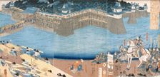 Triptych showing a fort being built by River Kunigos, Edo period (1603-1868). Creator: Japanese School (Edo Period)