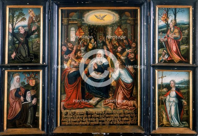 Triptych, with the central panel showing the Holy Spirit at Pentecost. Artist: Unknown