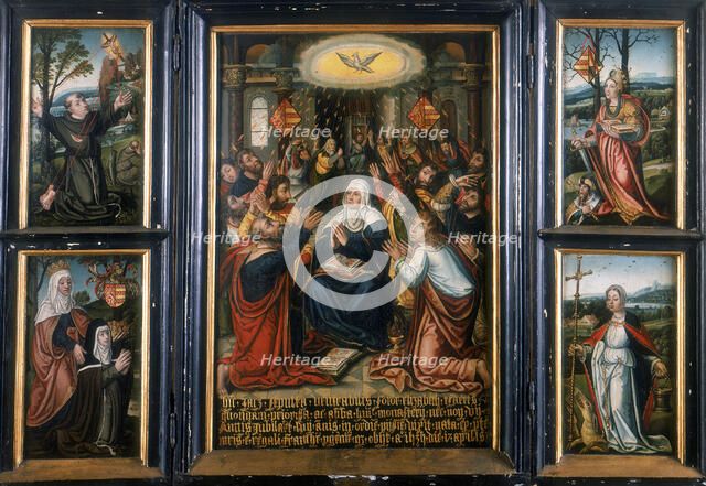 Triptych, with the central panel showing the Holy Spirit at Pentecost. Artist: Unknown