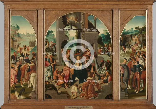 Triptych with Adoration of the Magi (center and inner wings), Saint Antony Abbot (left, outer wing)  Creator: Master of Alkmaar.