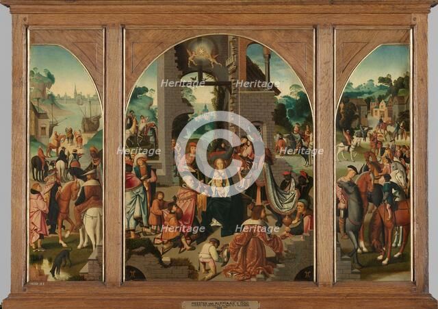 Triptych with Adoration of the Magi (center and inner wings), Saint Antony Abbot (left, outer wing)  Creator: Master of Alkmaar.