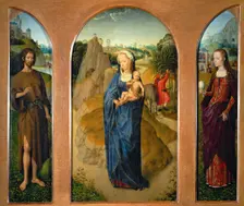 Triptych The Rest on The Flight into Egypt (central panel), Saint John the Baptist..., 1475-1480. Creator: Memling; Hans (1433/40-1494)
