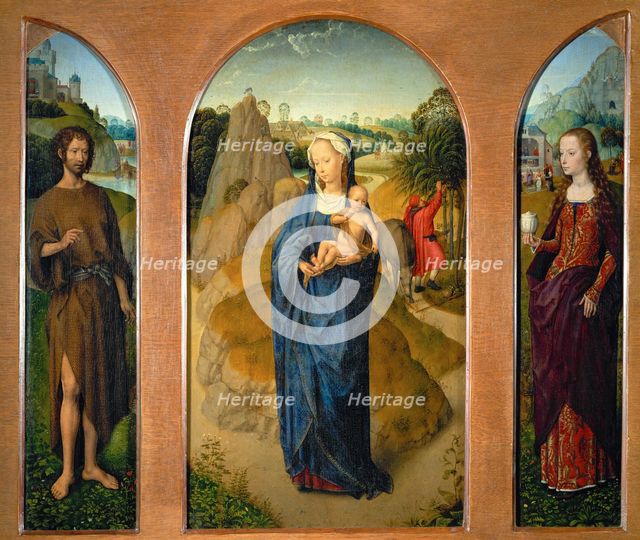 Triptych The Rest on The Flight into Egypt (central panel), Saint John the Baptist..., 1475-1480. Creator: Memling; Hans (1433/40-1494).