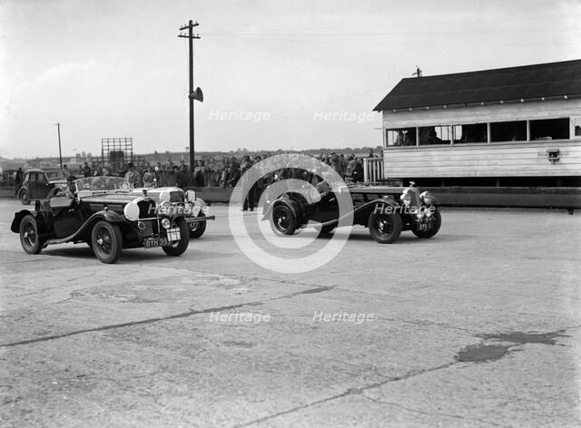 Triumph and Alvis cars at the MCC Members Meeting, Brooklands, 10 September 1938. Artist: Bill Brunell.