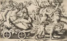 Triumph of Bacchus who is seated on a carriage at left, 1531-76. Creator: Giulio Bonasone