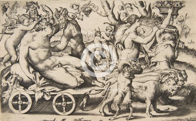 Triumph of Bacchus who is seated on a carriage at left, 1531-76. Creator: Giulio Bonasone.