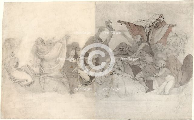 Triumph of Death: Three Skeletons Invading a Bacchanal Orchestrated by a Magician or an..., 1770-71. Creator: Henry Fuseli.