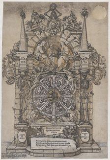 Triumph of Death with three fates in an architectural frame above a wheel of fortune flank..., 1588. Creator: Andrea Andreani