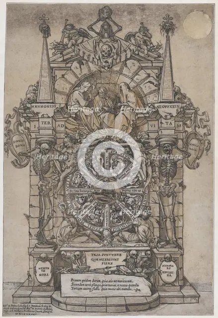 Triumph of Death with three fates in an architectural frame above a wheel of fortune flank..., 1588. Creator: Andrea Andreani.