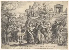 Triumph of Love: four horses draw a carriage with Cupid standing upon a smoking platfo..., ca. 1539. Creator: Georg Pencz