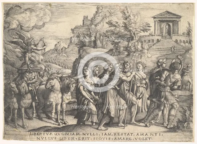Triumph of Love: four horses draw a carriage with Cupid standing upon a smoking platfo..., ca. 1539. Creator: Georg Pencz.