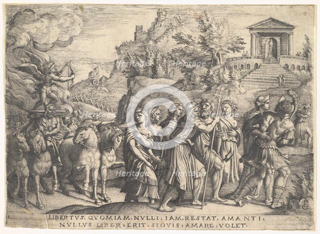 Triumph of Love: four horses draw a carriage with Cupid standing upon a smoking platfo..., ca. 1539. Creator: Georg Pencz.