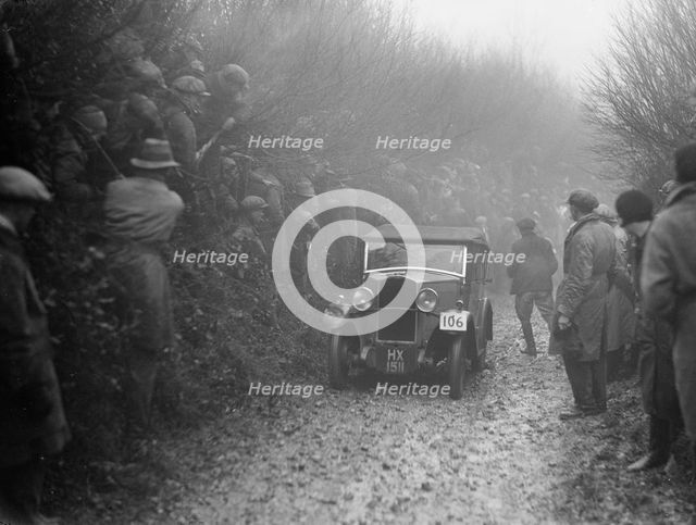 Triumph saloon of CH Lawford competing in the MCC Exeter Trial, 1930. Artist: Bill Brunell.
