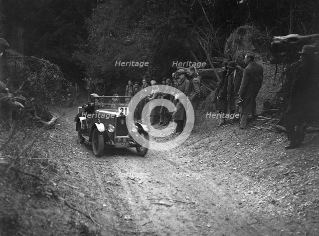 Triumph Super Seven of FA Thatcher, JCC Half-Day Trial, Goat Track, Ranmore Common, Surrey, 1930. Artist: Bill Brunell.