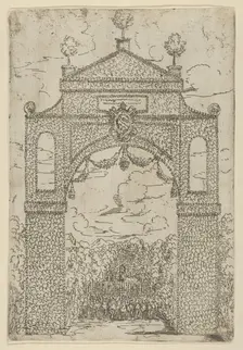 Triumphal arch covered in foliage with mounted troops below, a temporary decoration for th..., 1599. Creator: Guido Reni