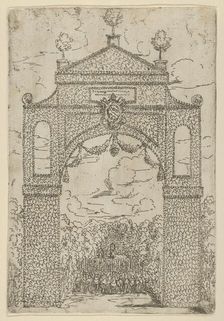 Triumphal arch covered in foliage with mounted troops below, a temporary decoration for th..., 1599. Creator: Guido Reni