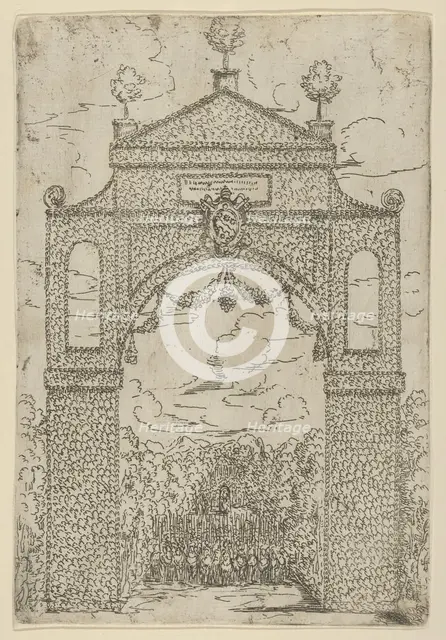 Triumphal arch covered in foliage with mounted troops below, a temporary decoration for th..., 1599. Creator: Guido Reni.