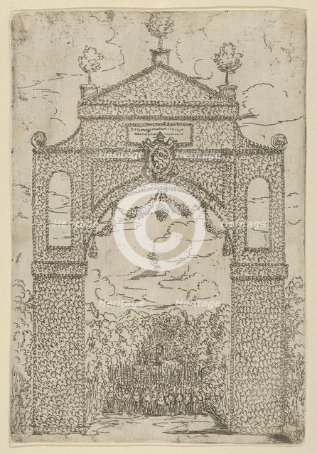 Triumphal arch covered in foliage with mounted troops below, a temporary decoration for th..., 1599. Creator: Guido Reni.