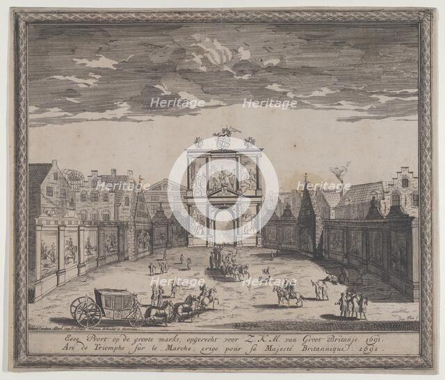 Triumphal arch erected in celebration of the entry of King William III, 1691. Creator: Hugo Allard.