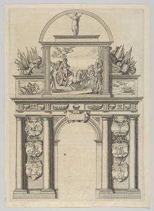 Triumphal arch, from Éloges et discours sur la triomphante réception du Roy en sa ville d..., 1629. Creator: Melchior Tavernier