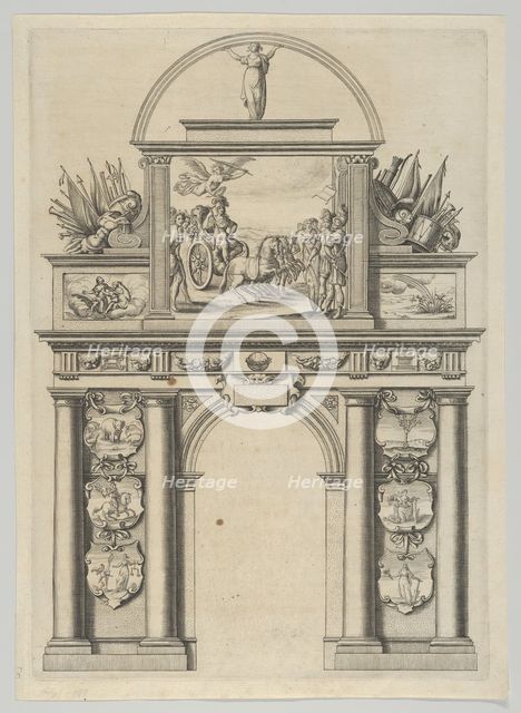 Triumphal arch, from 'Éloges et discours sur la triomphante réception du Roy en sa ville d..., 1629. Creator: Melchior Tavernier.