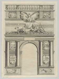 Triumphal arch, from Éloges et discours sur la triomphante réception du Roy en sa ville d..., 1629. Creator: Melchior Tavernier