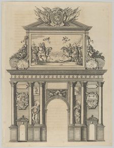 Triumphal arch, from Éloges et discours sur la triomphante réception du Roy en sa ville d..., 1629. Creator: Melchior Tavernier