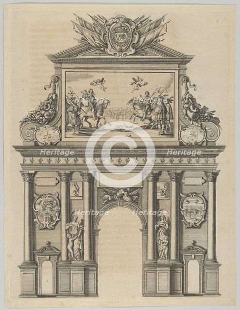 Triumphal arch, from 'Éloges et discours sur la triomphante réception du Roy en sa ville d..., 1629. Creator: Melchior Tavernier.