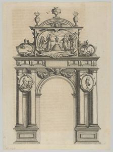 Triumphal arch, from Éloges et discours sur la triomphante réception du Roy en sa ville d..., 1629. Creator: Melchior Tavernier